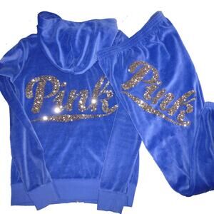 Victoria’s Secret PINK Blue Velour Tracksuit Hoodie Joggers M Sequin Logo Y2K
